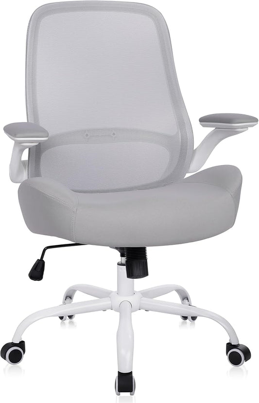 HYLONE Heavy Duty Office Chair, 5" Thickened Seat Ergonomic Desk Chair with Adjustable Armrests, Home Office Computer Chairs for Long Hours Mesh Executive Chair(White Base & Grey)