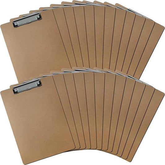 24 Pack Clipboards Bulk, Standard A4 Letter Size Wooden Hardboard Office Clipboard for Classroom, Work-Meetings, with Low Profile Clip, 12.5 x 9 Inch