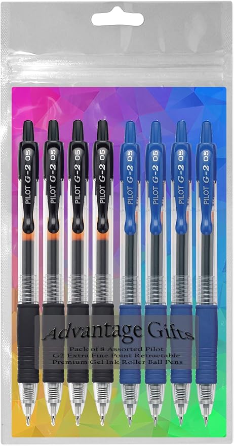 G2 Retractable Premium Gel Ink Roller Ball Pens Extra Fine Point (.5mm) Black/Blue Ink 8 pack; Refillable & Premium Comfort Grip Bundle with Plastic Reusable Pouch