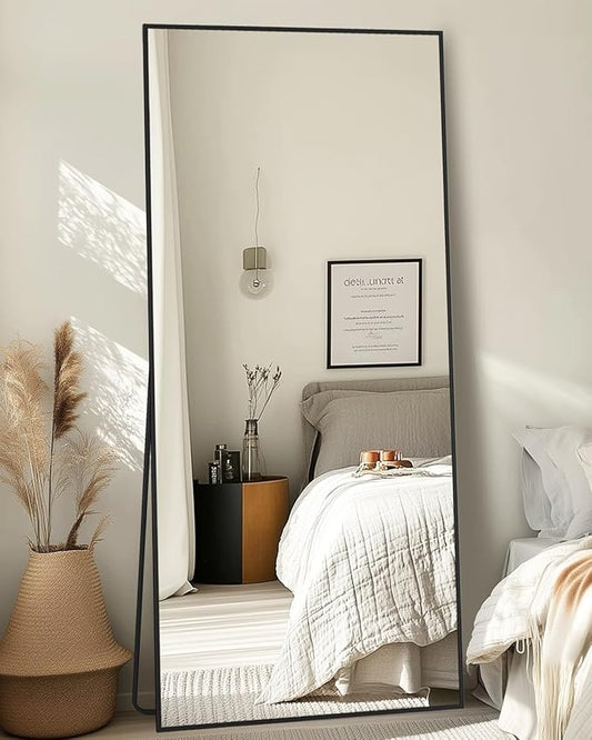 Full-Length Floor Mirror with Stand, 58"x18" Rectangle Style Full Body Standing Mirror for Bedroom, Living Room, Gym, Dorm - Shatter-Resistant & Easy Assembly, Black