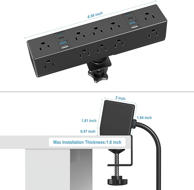 40W Fast Charging Station, VILONG Desk Clamp Power Strip, Desktop Mount Surge Protector, 8 USB Ports(4 USB-C), 10 AC Outlets and 6Ft Cord, for Home, Office, Fit 1.6" Tabletop Edge