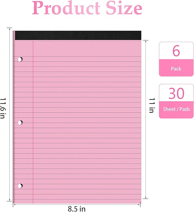 HAUTOCO 6 Pack 8.5 x 11 Legal Pads Pink Wide Ruled Notepads Perforated Writing Pads, 30 Sheets Per Notepad, 3-Hole Punched Paper, Writing Note Pads for School, Home, Office, Business