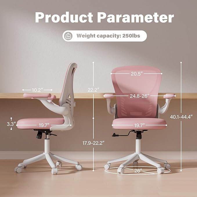 GYI Computer Desk Chair, Ergonomic Office Desk Chairs with Mesh Back, Adjustable Lumbar Support, Height, 3D Flip-up Arms, Wheels, Rocking Function (Pink)