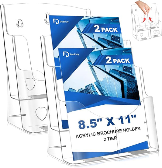 2 Pack Acrylic Brochure Holder 8.5 x 11 in, 2 Tier Brochure Display Stand with Removable Divider for 4 x 9 in Trifold Pamphlets, acrylic flyer holder 8.5 x 11 Stands for Flyer, Pamphlet, Magazine