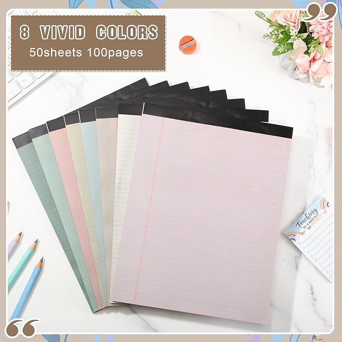 Fuutreo 8 Pcs 8.5'' x 11'' Colored Legal Pad Writing Pads Narrow Ruled 50 Sheets Per Notepad Perforated Writing Notepad Office Supplies for College Office Business (Pastel Color)