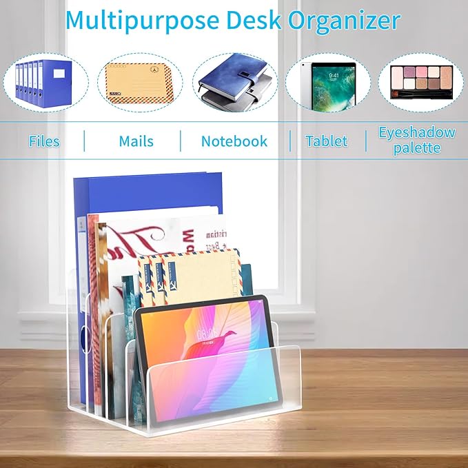 2PCS Clear Acrylic File Organizer, 4 Sections Acrylic Desk Organizer File Holder Sorter for Desk