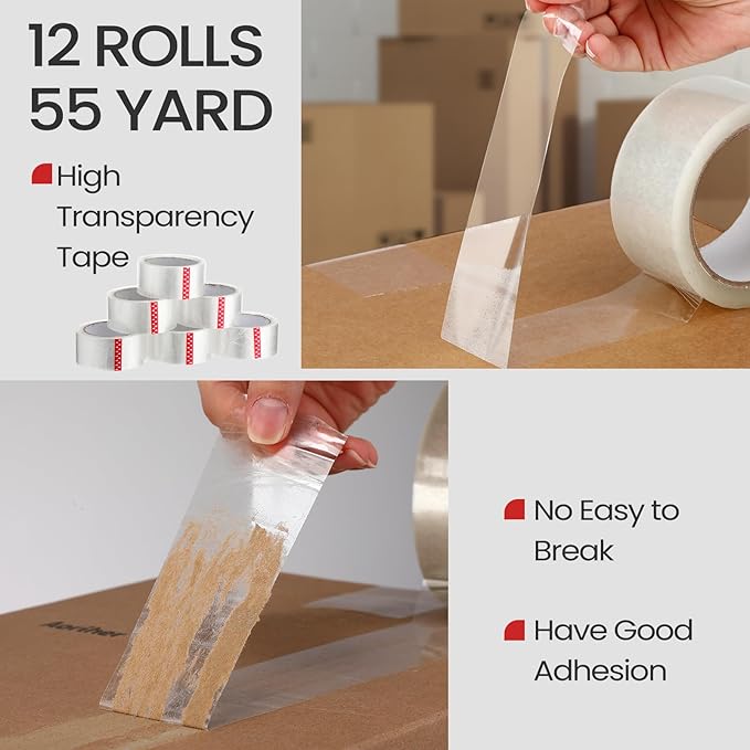 2 Pack Packing Tape Dispenser Gun with 12 Roll Packing Tape 2 Inch Gun 2.7 Mil Heavy Duty Packaging for Shipping, Moving, Carton and Box Sealing(Black and Red)