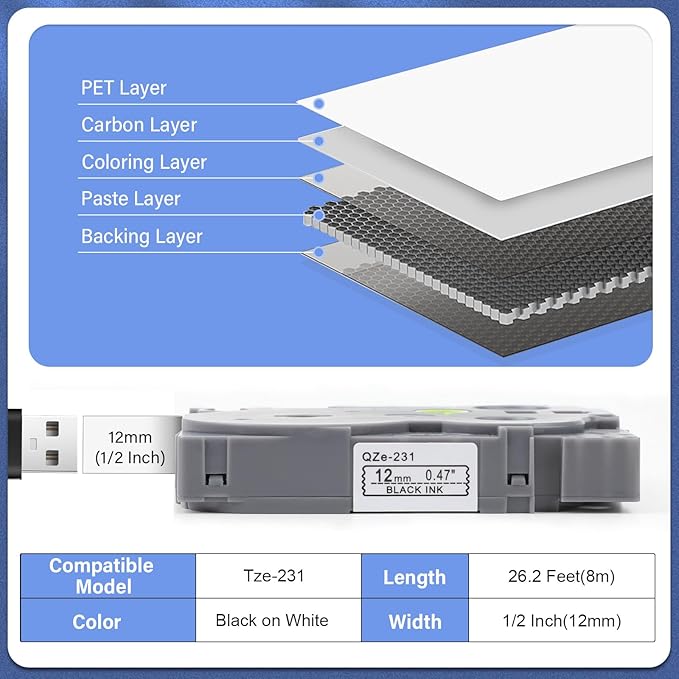 4Pack TZe-231 Tape Label Maker Compatible with Brother P-Touch TZe-231 Tape, TZE231 ½” 0.47”x 26.2 ft Laminated Black on White, for use with PT-D210, PT-H110, PT-D220, PT-D410, PT-D600