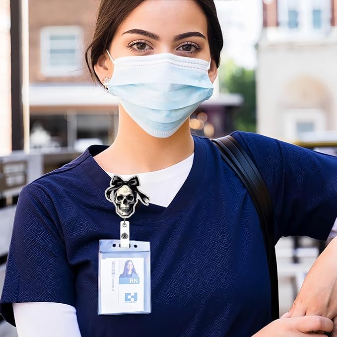 Halloween Skull Badge Reel Retractable for Nurse Nursing Student Medical Worker & Office Staff Acrylic Alligator Clip Badge Reel Halloween Skeleton with Bow ID Card Badge Holder Gifts