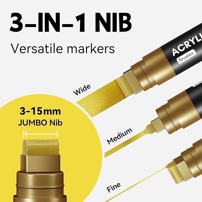 3 Jumbo Permanent Markers Gold, 15mm Thick Wide Tip, Large Acrylic Paint Markers for Rock Painting, Poster, Stone, Ceramic, Glass, Wood, Canvas