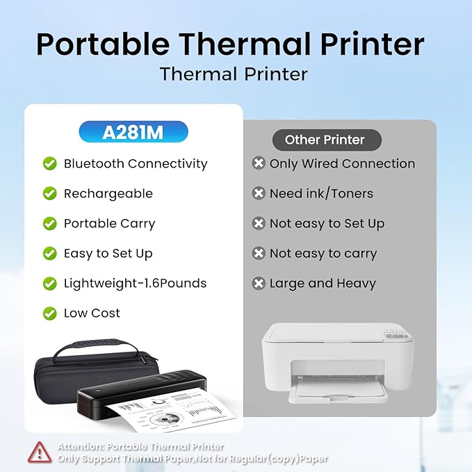 2025 Portable Printers Wireless for Travel, Inkless Thermal Printer Support 8.5" x 11"& A4, Mobile Printers with Carry Case, Bluetooth Portable Printer for Office,Travel,School,Car,Home,Black