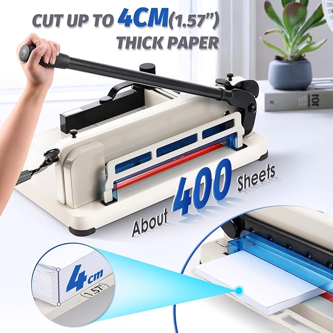 Heavy Duty A4 Paper Cutter 400 Sheet Thickness Cutting Capacity, 12 Inch Stack Guillotine Paper Cutter with 1 Replacement Blade, Stack Trimmer Suitable for Paper Leather Cardboard Nonwoven