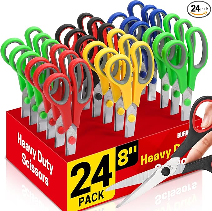 24-Pack 8" All Purpose Heavy Duty Sharp Scissors Bulk for Office School Home Stainless Steel Blades Safety Soft Grip Handles,Right/Left Handed Scissors