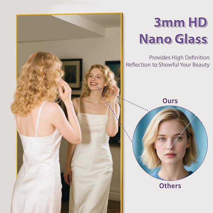 Full Length Mirror, 71"x32" Oversized Floor Mirror Freestanding, Full Body Mirror Floor Standing Mirrors with Stand, Hanging Mounted Mirrors for Bedroom Living Room, Gold, Rect Style