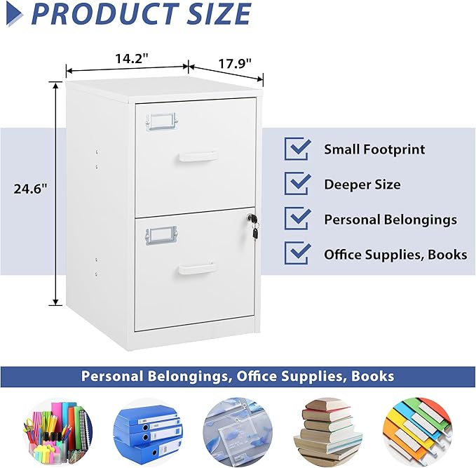 2 Drawer Vertical File Cabinet with Lock, White Metal, Under Desk, Easy Assemble