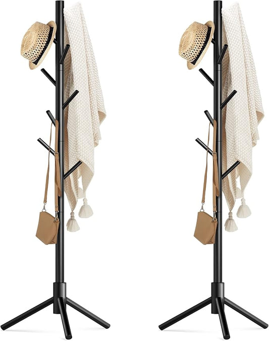 Haddockway Wooden Coat Rack Stand with 8 Hooks New Zealand Pine 3 Adjustable Coat Standing Tree Easy Assembly for Coats, Hats, Scarves and Handbags for Entryway, Hallway, Bedroom, Office,2 PCS