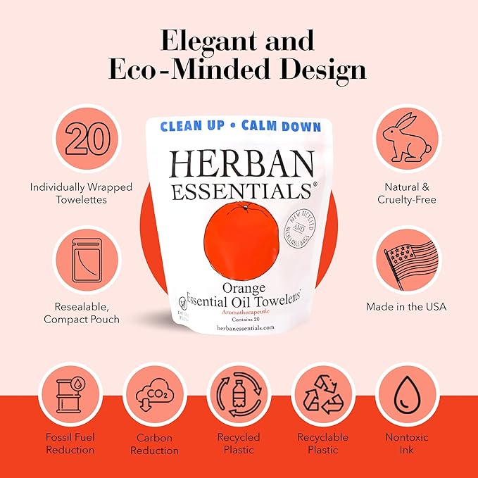 Herban Essentials - Orange Wipes & Towelettes - Essential Oil Wipes for Make Up, Hands, Face & Body - Travel Size Essentials & Toiletries - Natural, Individually Wrapped, Disposable & Moist (20 count)