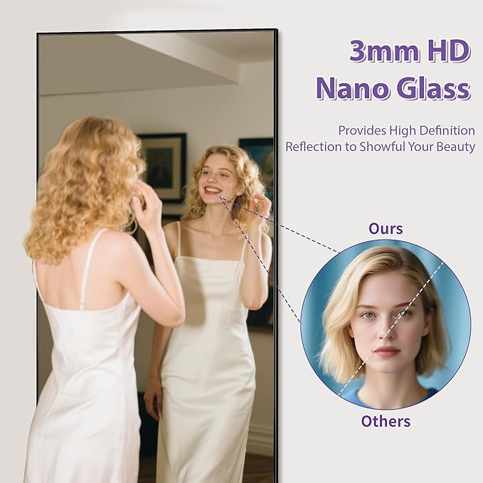 Full Length Mirror, 58"x18" Oversized Floor Mirror Freestanding, Full Body Mirror Floor Standing Mirrors with Stand, Hanging Mounted Mirrors for Bedroom Living Room, Black, Rect Style