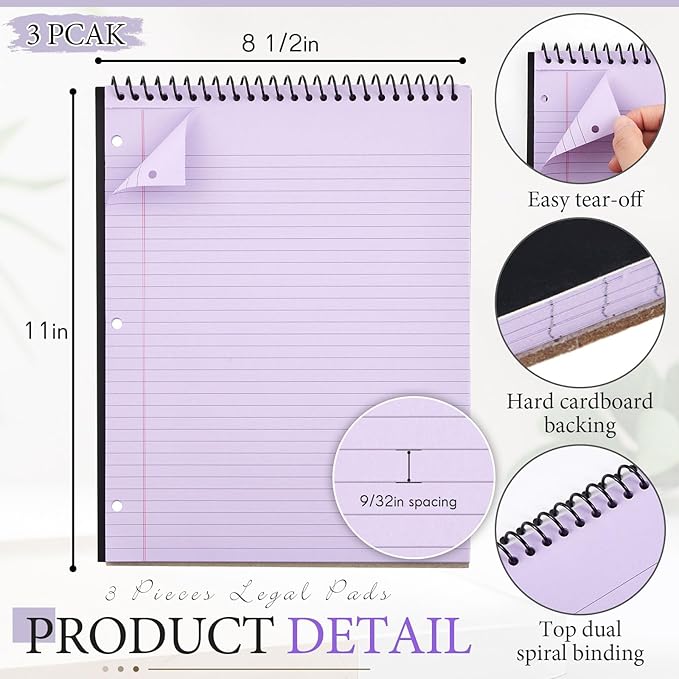 3 Packs 8.5" x 11" Top Spiral Notebook with 3 Hole Punched Legal Pads College Ruled Notepad 50 Sheets Hard Cardboard Paper Wirebound Notepad for Office School Business (Purple)