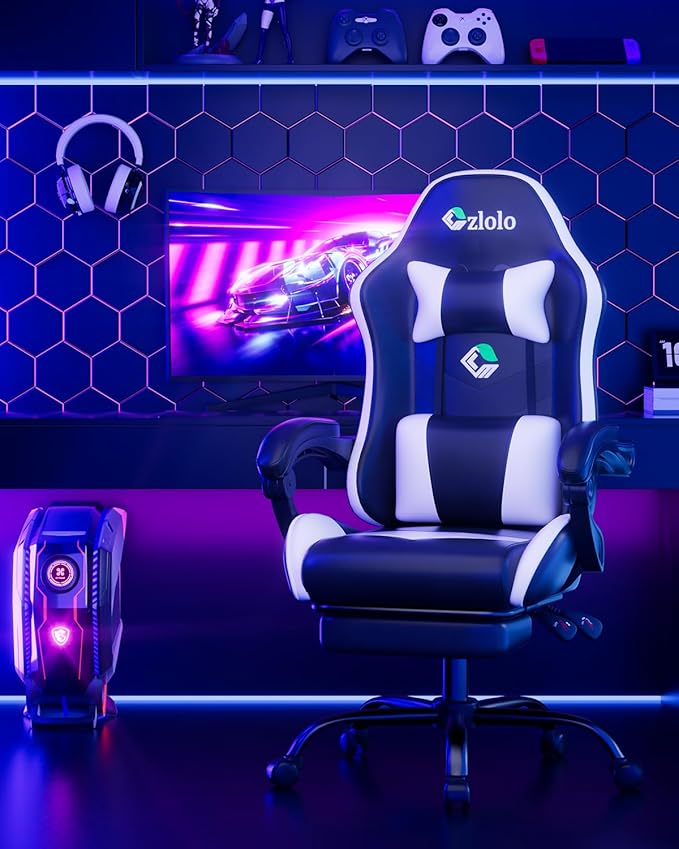 Gaming Chair, Ergonomic Office Computer Chair with Footrest and Lumbar Support Massager Racing Style High Back Video Gamer Chair, Wide＆Thick Cushion, 90°-135° Recline, Adjustable Height, White