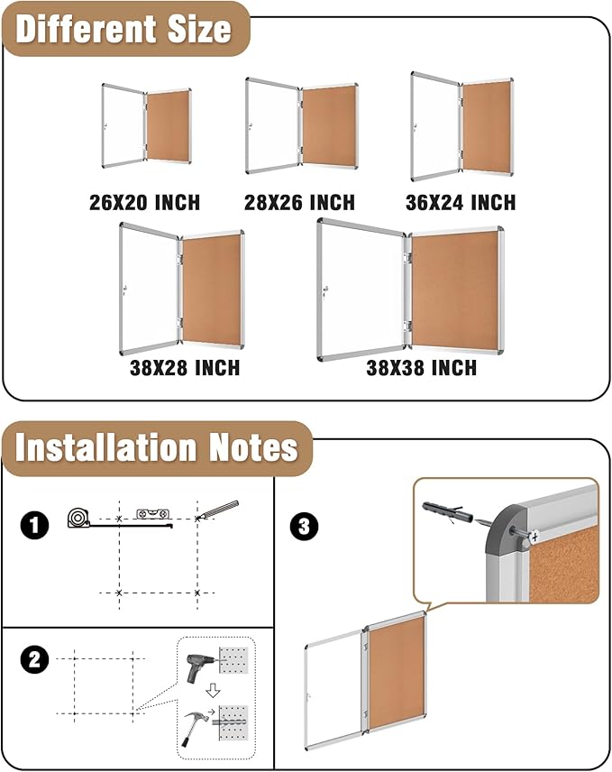36"x24" Enclosed Bulletin Board, Lockable Weather-Resistant Aluminum Cork Noticeboard for School & Office, Silver Frame w/Cork