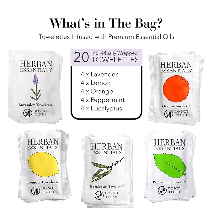 Herban Essentials - Assorted Wipes & Towelettes - Essential Oil Wipes for Hands, Face and Body - Travel Size Essentials and Toiletries - Natural, Individually Wrapped, Disposable and Moist (20 count)