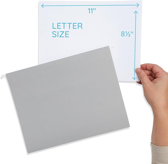 25 Blue Summit Supplies Grey Hanging File Folders Letter Size - Durable 11pt Paper, Hanging File Folders Gray, Plastic Tabs and Inserts Included, Perfect for Office Organization