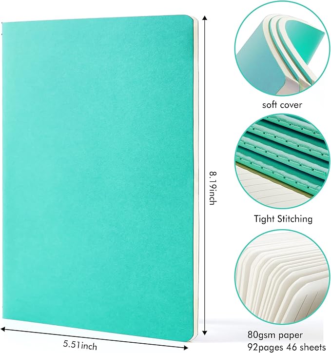 16 Pack Soft Cover Journal Bulk, Feela Lined Notebooks College Ruled for Work for Women Girl Writing, Blank Travel Journal Note Taking Notebook School Business Supplies, 8.2” x 5.5”, A5, Emerald