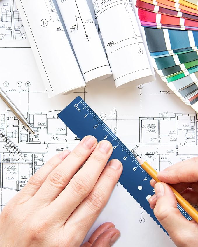 Honagu Triangular Ruler Set, 8 Pieces/2 Sets Aluminum Alloy Ruler, Metal Drafting Ruler, Geometric Protractor for Students, Draftsmen, Engineers, School Office Supplies (Blue+Purple)