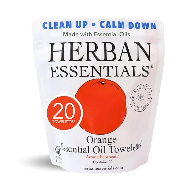 Herban Essentials - Orange Wipes & Towelettes - Essential Oil Wipes for Make Up, Hands, Face & Body - Travel Size Essentials & Toiletries - Natural, Individually Wrapped, Disposable & Moist (20 count)