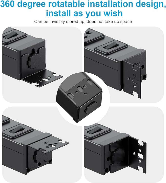 HHSOET 360° Rotating 12 Outlet Mountable Power Strip, Metal Gaming Table Mounted Outlet Strip, Heavy Duty Wall Mount Surge Protector with Switch, Works Great and Very Versatile, 6ft Power Cord.Black