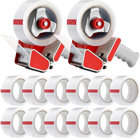 2 Pack Packing Tape Dispenser Gun with 12 Roll 2 Inch Packing Tape Gun 2.7 Mil Heavy Duty for Storing, Shipping, Moving, Carton and Box Sealing