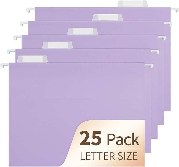 Hanging File Folders, 25 Pack Letter Size File Folders with 1/5-cut Tabs, Office Essentials for Filing Cabinet & Desk Storage