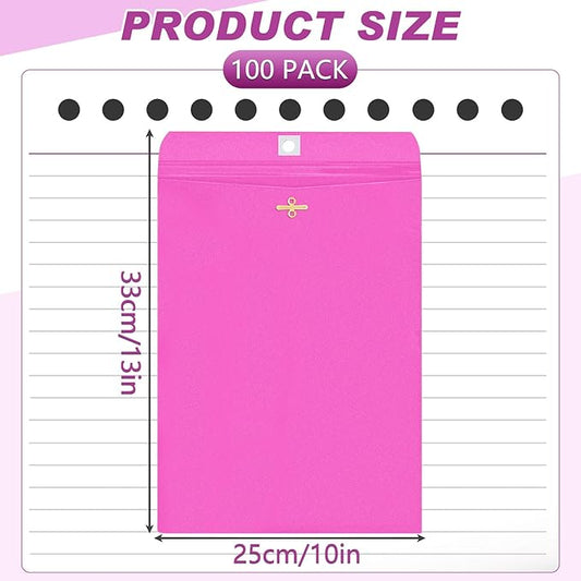 Geyee 100 Pcs Clasp Manilla Envelopes 10 x 13 Inch Gummed Colored Envelopes for Storing or Mailing for Home Office Business Supplies(Rose Pink)