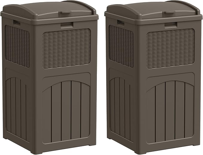 Greesum 33 Gallon Outdoor Trash Can with Lid (2-Pack), Heavy Duty Resin Garbage Bin, Waterproof & UV Resistant for Patio, Garden, Deck, Yard, Brown