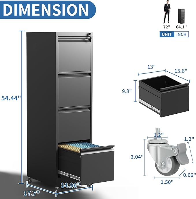 4 Drawer Mobile File Cabinet, Metal Filing Cabinet with Lock and Wheels, Home Office Rolling File Cabinets for Legal/Letter Hanging File Folders, Un-Assembled (Black)