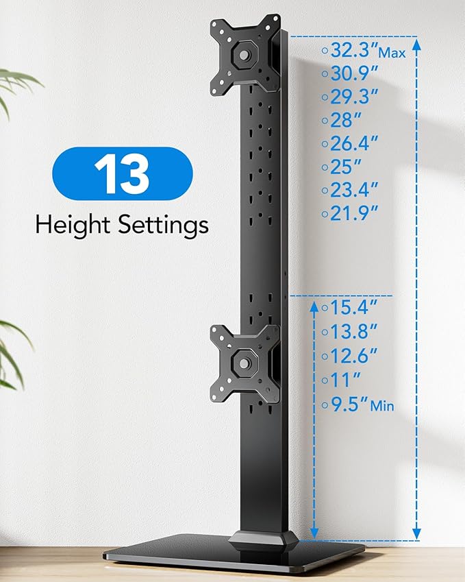 HUANUO Dual Monitor Stand, Vertical Monitor Mount for Two Screens 13 to 34 Inch, Freestanding Monitor Riser with Swivel, Tilt, Rotation and 13 Height Settings, Max Load 44 lbs, Max VESA 100x100