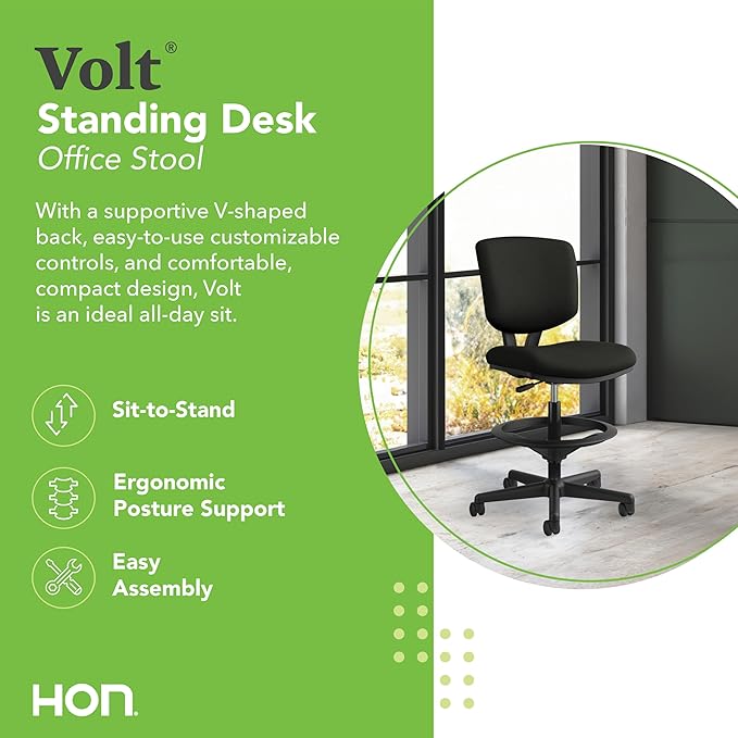 HON Volt Standing Desk Chair, Leather Office Chair with Foot Rest, Armless, Ergonomic Recline and Center Tilt, for Computers, Offices, Work, Black