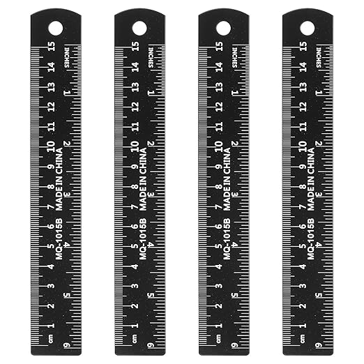 HARFINGTON 4pcs Metal Straight Ruler 15cm Metric SAE Aluminum Alloy Measuring Rulers Scale Tool with Hole for Measure Study Reading Classroom Office, Black