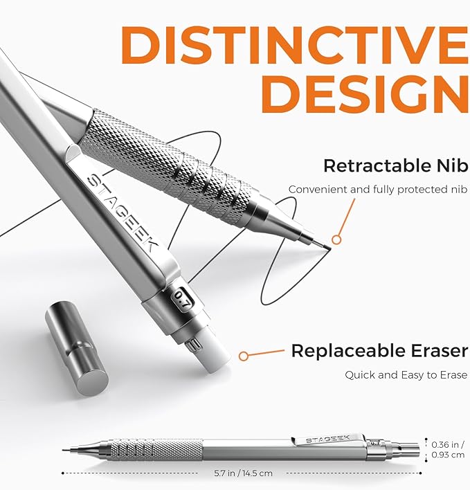 25PCS Art Mechanical Pencil Set, 3PCS Metal lead pencil 0.5, 0.7, 0.9, 2PCS 2mm Drawing Pencil (HB 2H 2B 4B Color) with 392PCS Graphite Leads, Eraser with Case for Drafting Drawing Writing