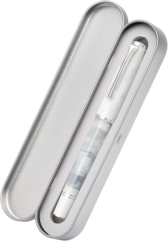 Hongdian N8 White Acrylic Resin Fountain Pen, Iridium Medium Nib Silver Plated Feather Carving Cap Smooth Writing Pen with Converter and Metal Pen Box Set