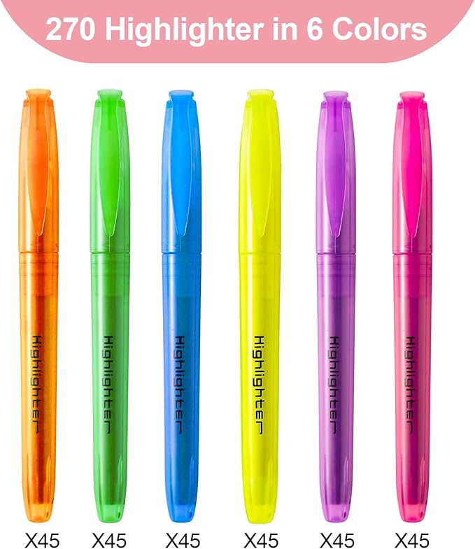 270 Pcs Highlighters Assorted Colors, Chisel Tip Multicolor Highlighter Marker Set, Quick-Drying Pen Highlighter for Classroom School Home Office (270Pcs, 6 Colors)