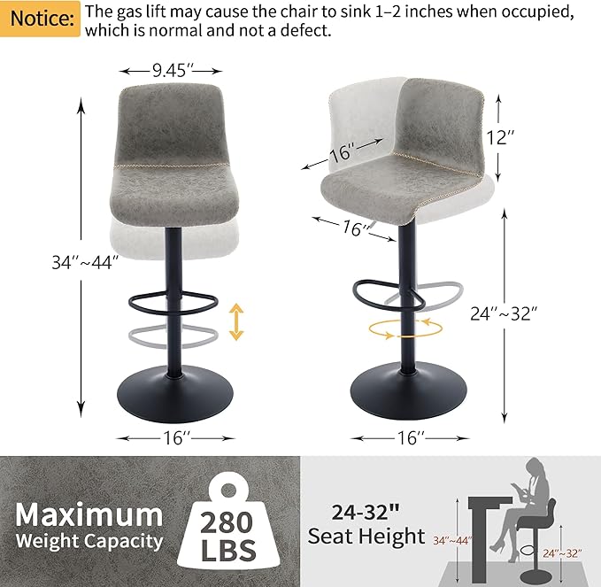 HeuGah Swivel Bar Stools Set of 2, Adjustable Counter Height Barstools with Back, Gray Faux Leather Bar Chairs for Kitchen Island (Gray, Set of 2 (24'' to 32''))