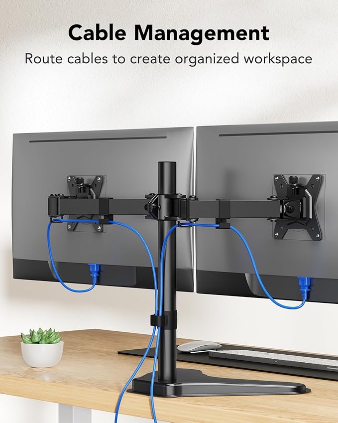 HUANUO 32 inches Dual Monitor Stand up to 17.6lbs per Arm, High-Grade Aluminum Free-Standing Dual Monitors Mount for 2 Screens. Fully Adjustable Dual Monitor Stand for Desk with Tilt, Swivel, Rotation