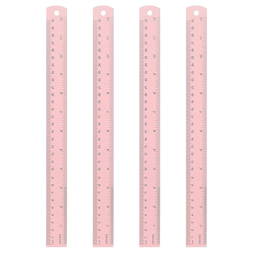 HARFINGTON 4pcs Metal Straight Ruler 30cm Metric SAE Aluminum Alloy Measuring Rulers Scale Tool with Hole for Measure Study Reading Classroom Office, Pink