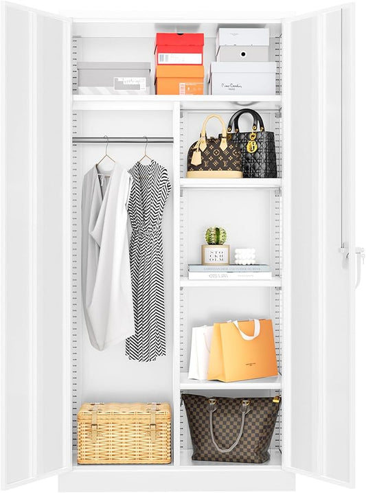 Greenvelly Metal Storage Wardrobe Cabinet with Lock, 72" White Metal Wardrobe Closet for Hanging Clothes with Doors and Shelves, Modern Clothes Closet for Home, Office and Bedroom, School,Gym