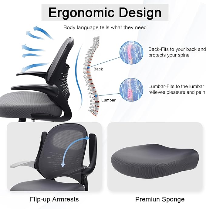 HYLONE Tall Drafting Chair Standing Desk Chair with Flip-Up Armrests, Adjustable Height Ergonomic Office Chair with Footrest Ring - High Stool Chair for Standing Desk (Dark Grey)