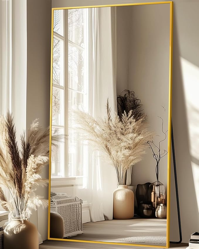 Full-Length Floor Mirror with Stand, 76"x34" Rectangle Style Full Body Standing Mirror for Bedroom, Living Room, Gym, Dorm - Shatter-Resistant & Easy Assembly, Gold