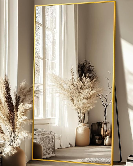 Full-Length Floor Mirror with Stand, 76"x34" Rectangle Style Full Body Standing Mirror for Bedroom, Living Room, Gym, Dorm - Shatter-Resistant & Easy Assembly, Gold