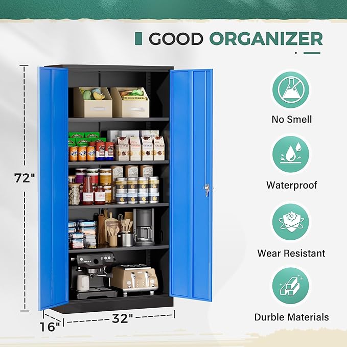 Greenvelly Metal Garage Storage Cabinet, 72" Tall Steel Storage Cabinets with 2 Doors and 4 Adjustable Shelves, Metal Tool Cabinets, Locking File Cabinet for Home Office, Garage, School (Black Blue)